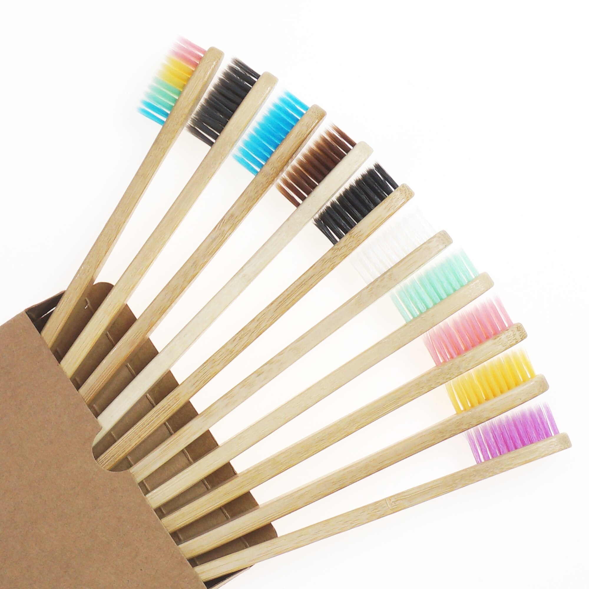 Lot de 10 brosses à dents en bambou naturel, soies souples colorées, pour le blanchissement des dents, soins dentaires