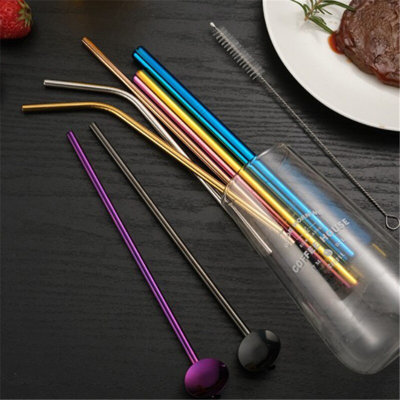 5pcs Reusable Metal Drinking Straws 304 Stainless Steel Sturdy Bent Straight Drinks Straw for Milkshake Bubble Tea with Brush