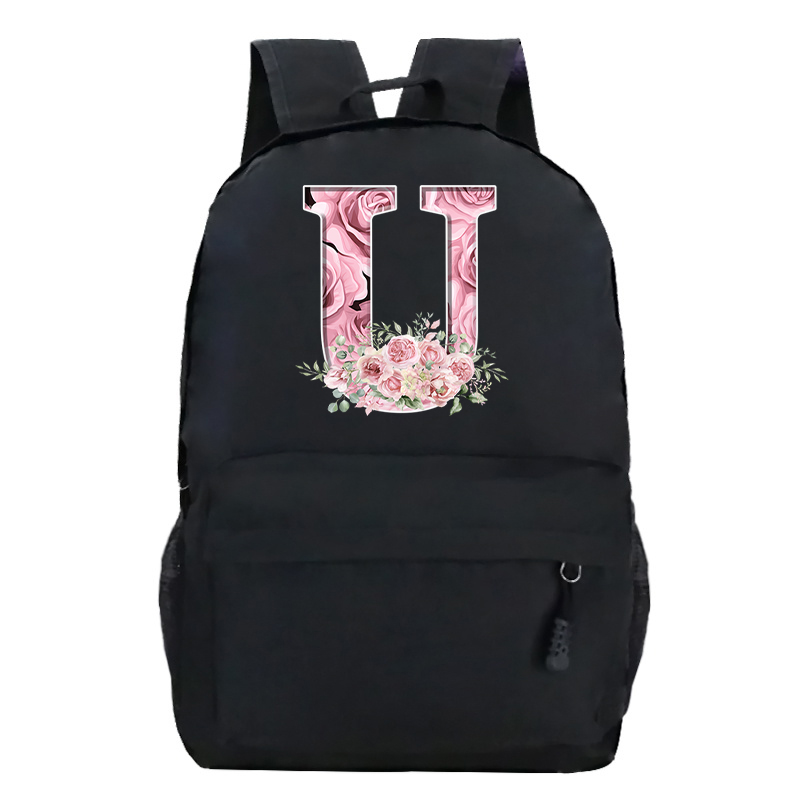 Pink Rose Alphabet Backpack Black Casual Women Aesthetics Rucksack Teenage Girl Boy Flower Letter School Bag Student Mochilas