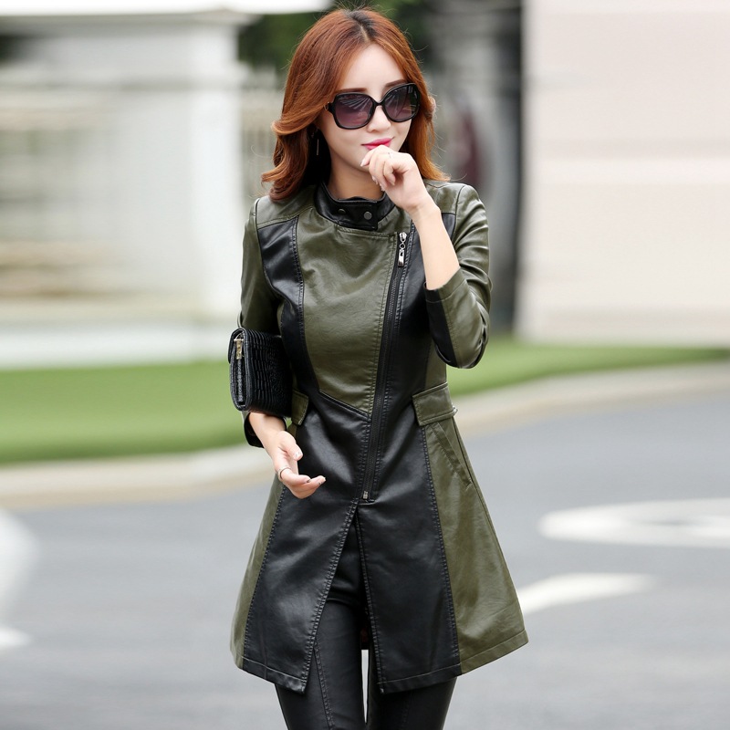 Leather Coat Jacket Women Slim Patchwork Long Female Jacket PU Motorcycle Autumn Winter Outerwear: army green / XXXL