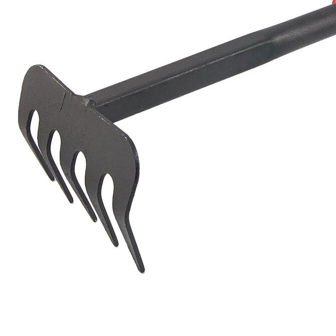 Outil de main de râteau de jardin de pelouse de tête en métal de poignée antidérapante noire 12.1"