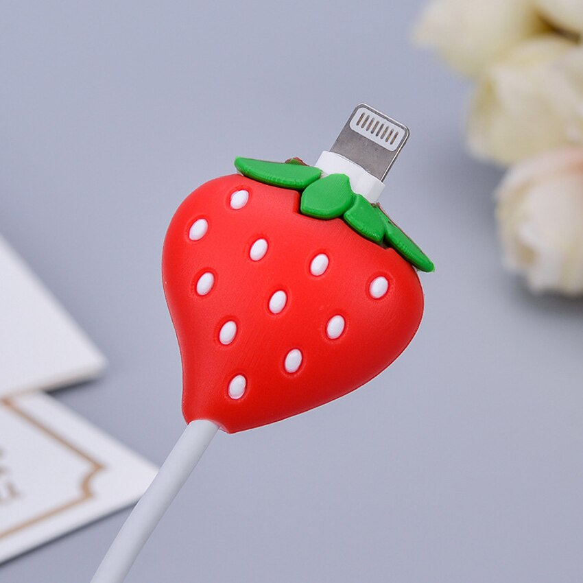 Protecteur de câble de chargeur de téléphone, morsure de Fruit de dessin animé, mignon, cordon souple, accessoires de téléphone, Lightning/MicroUSB/connecteur de Type C: Strawberry