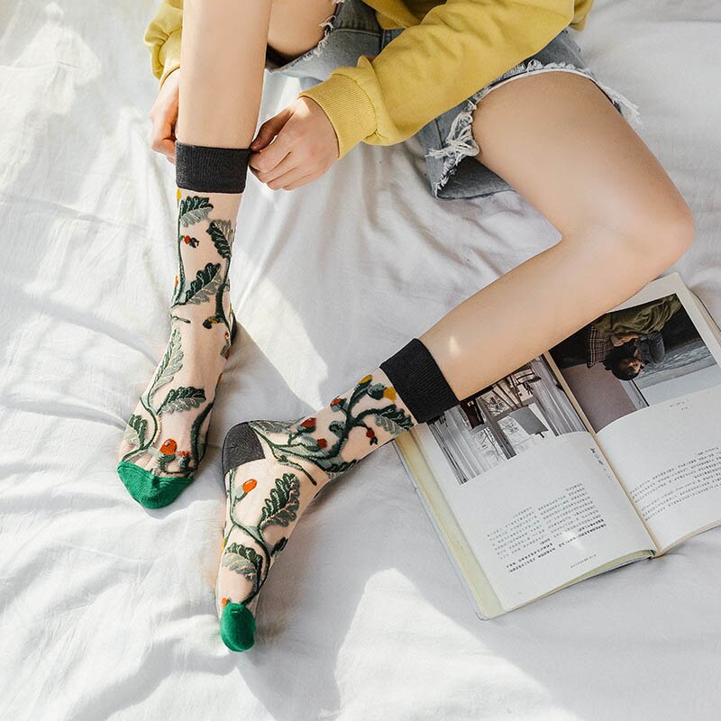 Vintage Harajuku Product Crystal Silk Tide Socks Funny Sunflowers Vines Flowers Happy Women Socks Casual Sox