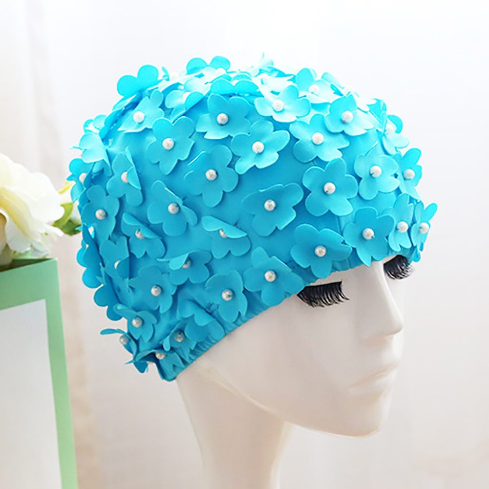 Flower Swimming Cap 3D Bathing Cap Petal Pearl Long Short Hair Swim Pool Cap Pure Handmade Cloth Cap: Lake blue