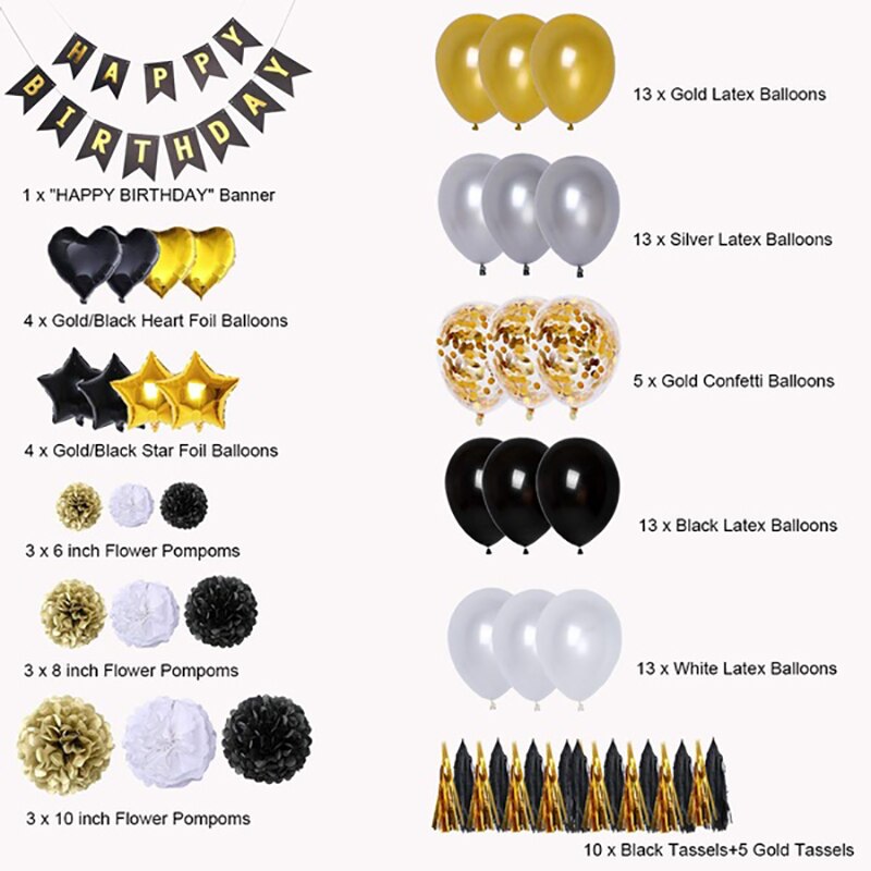 90 stk dekorationssæt med sorte og guldballoner, tillykke med fødselsdagen banner stjerne hjertefolieballoner til fødselsdagsfest