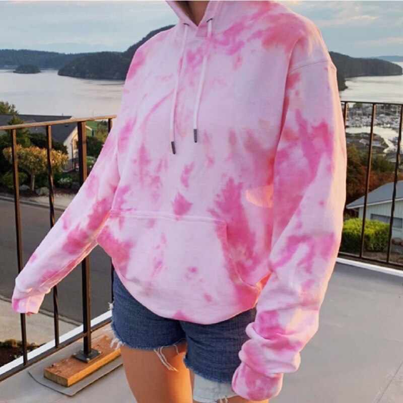 Frauen Tie Dye Print Sport Beiläufige Hoodies Mantel Langarm Pullover Tasche Mit Kapuze Sweatshirts Jacke Oberbekleidung Streetwear