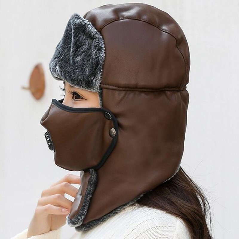 Chapeaux de bombardier thermiques en cuir pour hommes et femmes, Protection des oreilles, casquette de Ski, Protection du cou épaisse en velours pour vieil homme, hiver