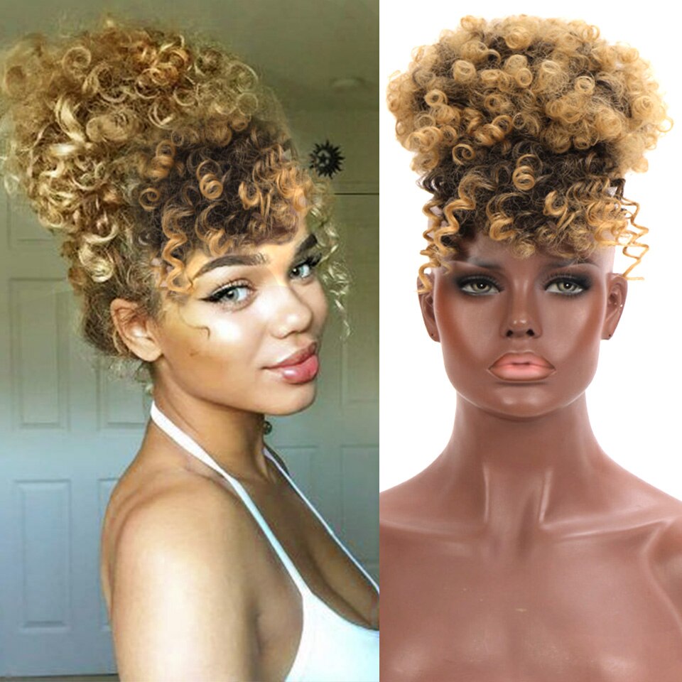 HOUYAN African chignon with bangs curly synthetic natural high temperature fluffy ponytail for women: 1B/27HL