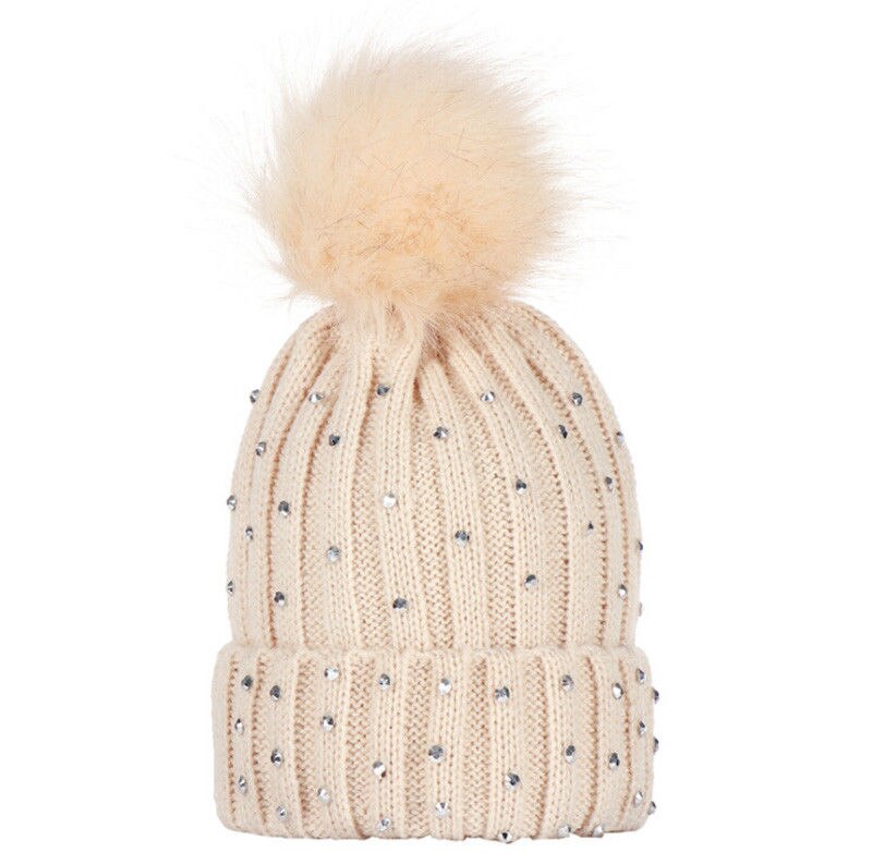 Style Girl Crystal Winter Warm Knit Beanie Hat Kid Cap Knitting Wool Patchwork With Ball: Beige