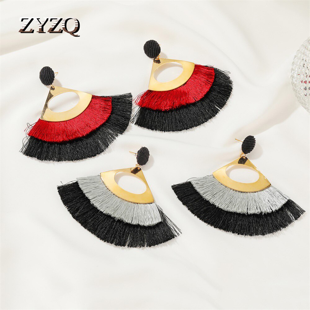 ZYZQ Böhmischen Lange Quaste Ohrringe für Frauen Jahrgang Runde überbacken Boho Metall Zwei-Farbe Ohrringe Schmuck