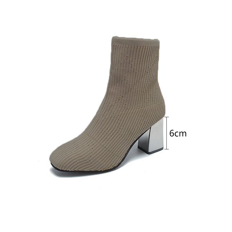 Femmes bottes tissu extensible Martin bottes bout carré talon épais bottines solide tricoté élastique tissu chaussettes bottes