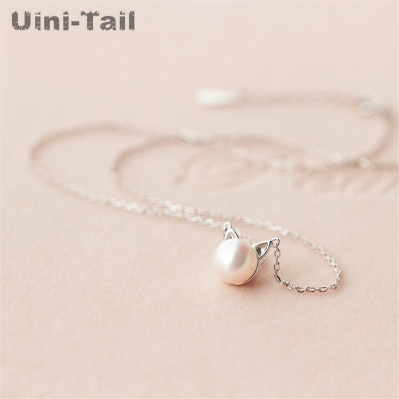 Uini-tail quente novo 925 sterling silver cat cabeça artificial pérola colar coreano meninas doce selvagem bonito de alta qualidade jóias gn872