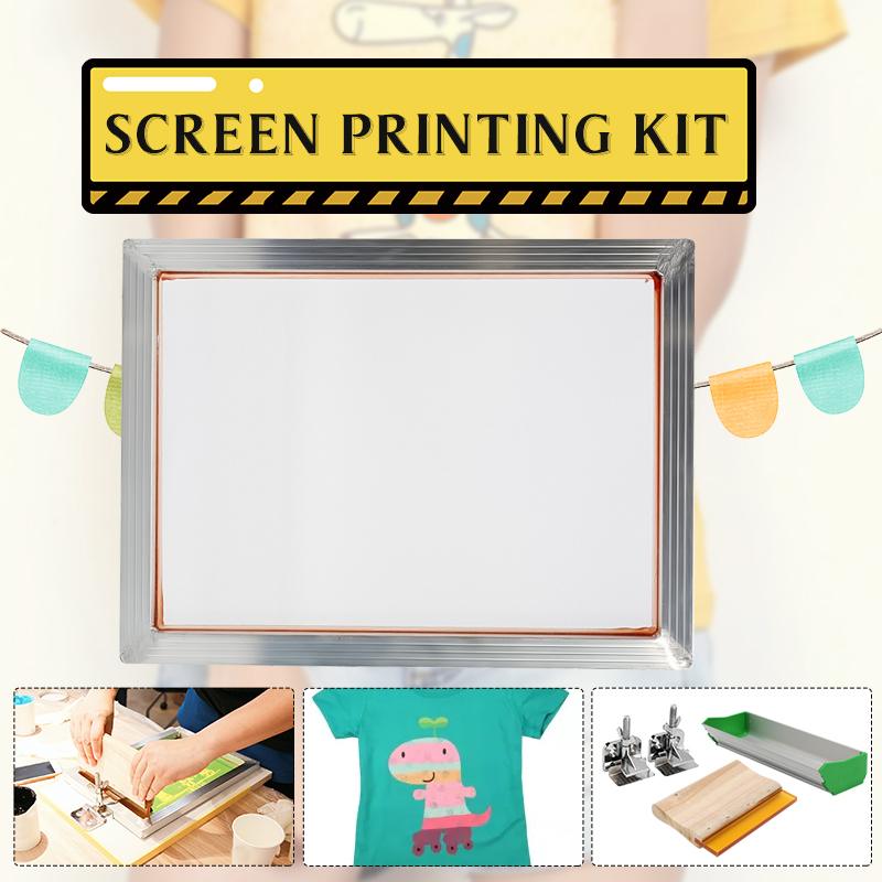 5Pcs/Set Screen Printing Kit Aluminum Frame + Hinge Clamp + Emulsion Scoop Coater + Squeegee Screen Printing Tool Parts