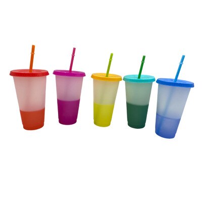 Color Changing Cold Drink Cups Reusable Temperature-Sensitive Plastic Colorful Coffee Cup with Lids and Straws: C Cold water 700ML