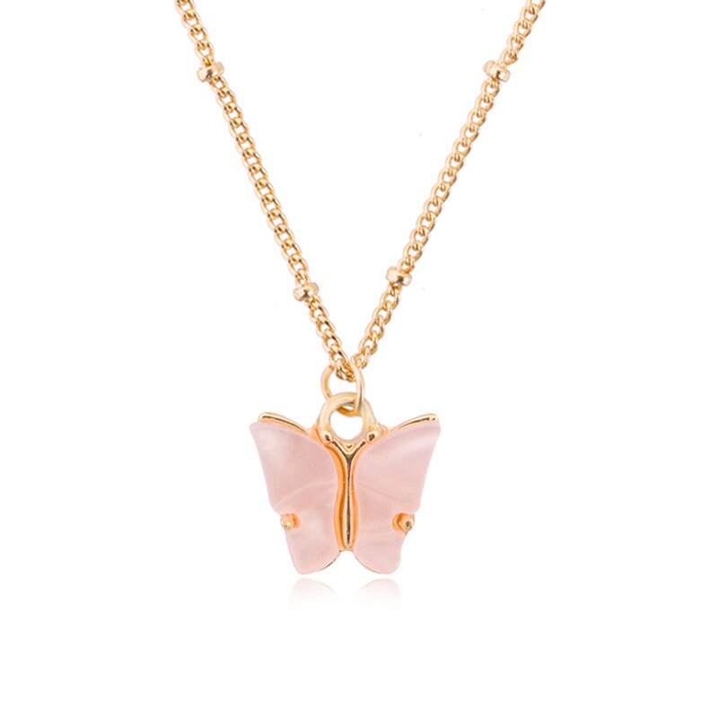 Cute Butterfly Pendant Necklaces For Women Gold Color Chain Collar Shine Choker Necklace Party Engagement Jewelry: Light pink