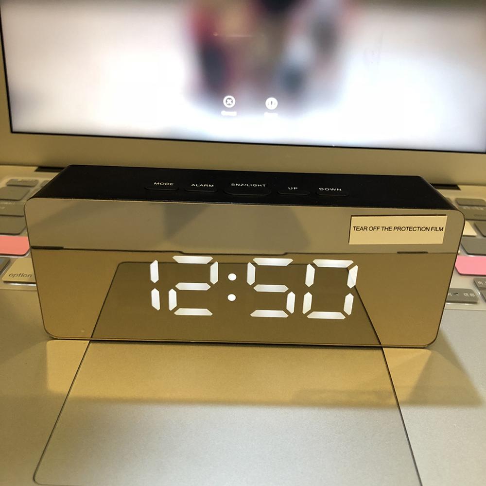 LED Electronic Alarm Clock USB Digital Mirror Clock Morning Table Clock Wake Up Light Time Temperature Display Home Decoration