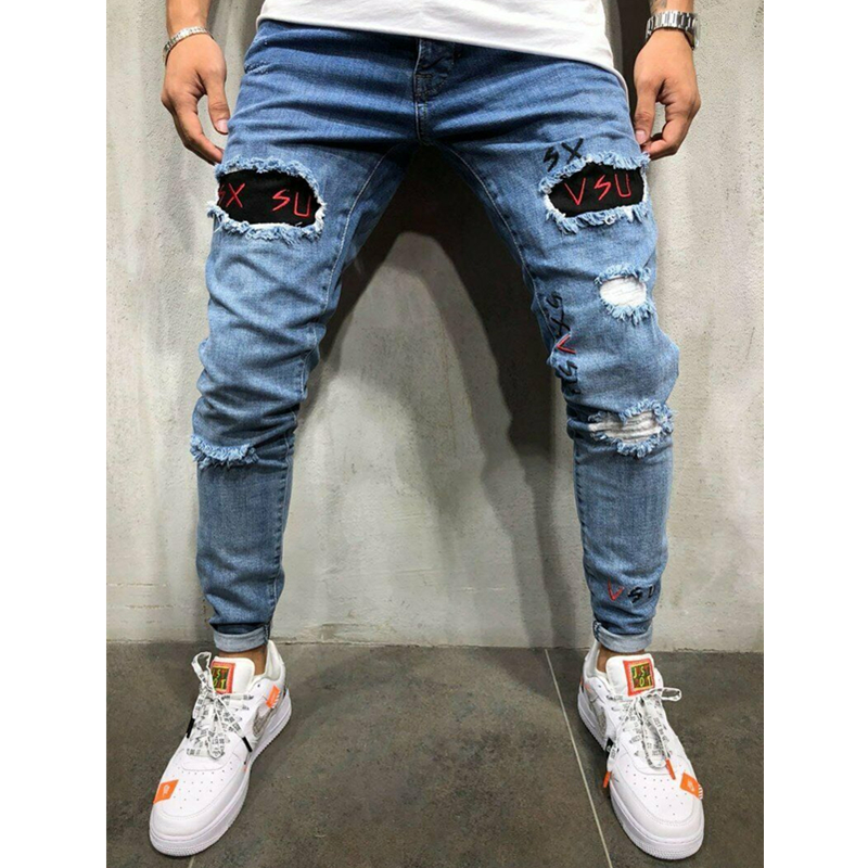 Men Ripped Skinny Jeans Stretchy Destroyed Frayed Slim Fit Denim Jeans Men Male Biker Embroidery Holes Taped Jean Trousers