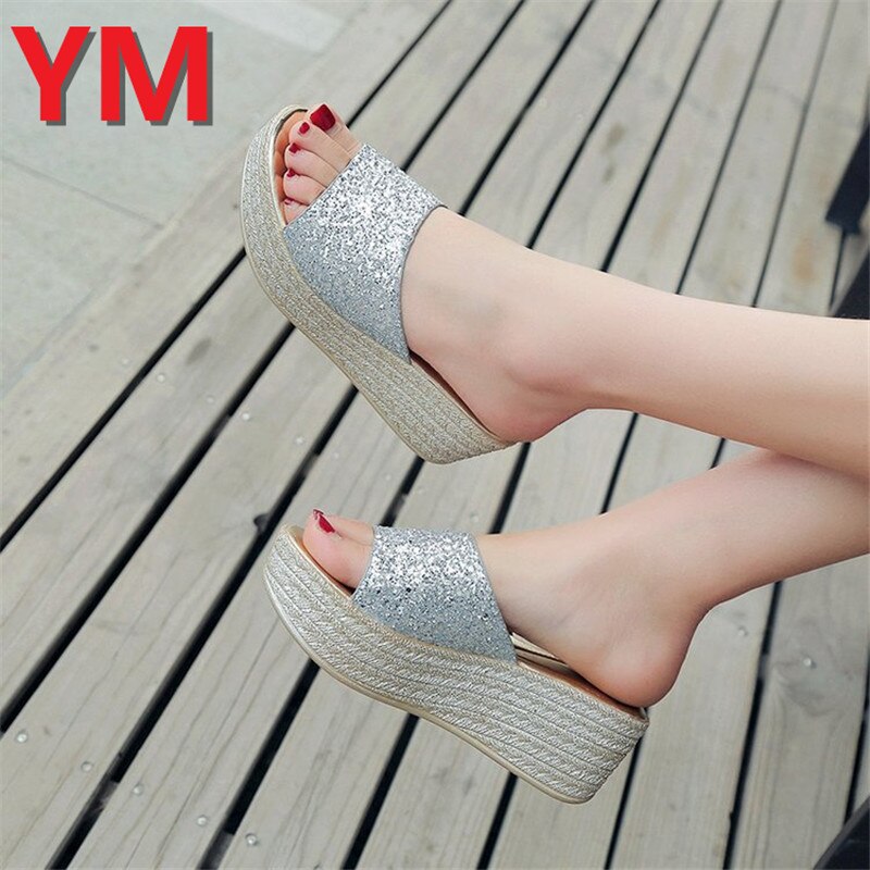 Zomer bling dames slippers rome retro casual schoenen dikke onderkant wig hak open teen sandalen strandschoenen slip on slides dames