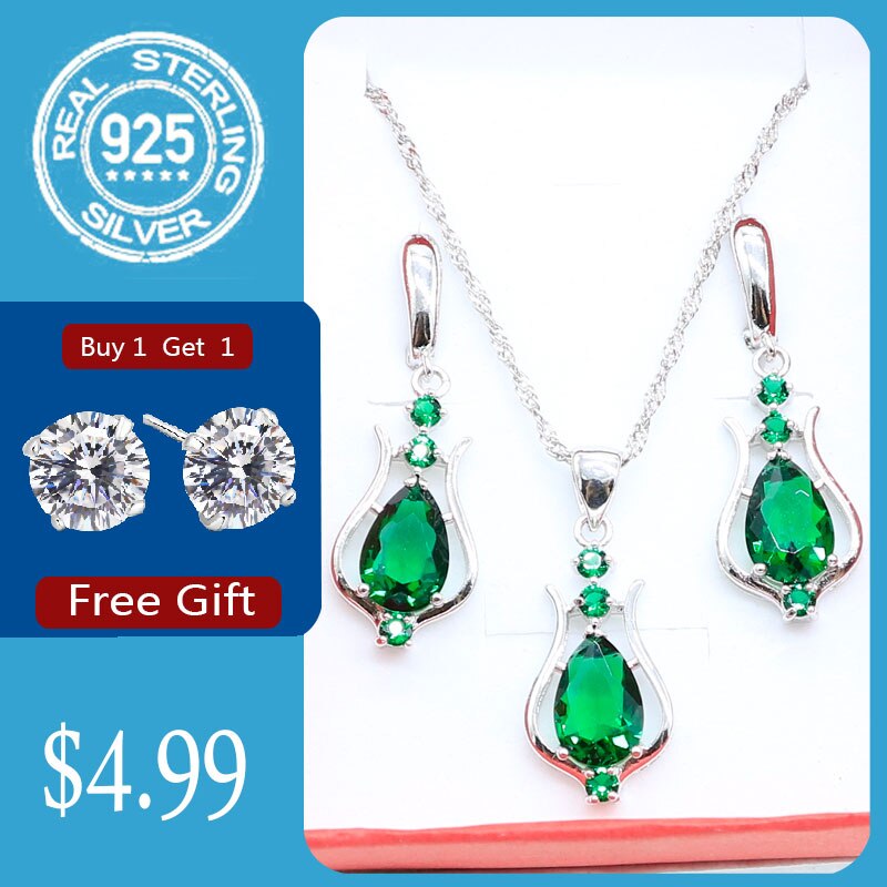 Niebieski szafir spadek kolczyki naszyjnik srebrny 925 komplet biżuterii damskiej bezpłatny prezent biżuteria ślubna: zielony / 6