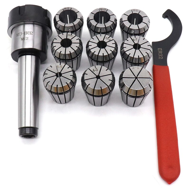 9Pcs Er32 Spring Collets Set 2/4/6/8/10/12/16/18/20Mm + 1Pcs Mt3 M12 Er32 Collet Chuck Morse Taper Holder Collet Power Tool Set