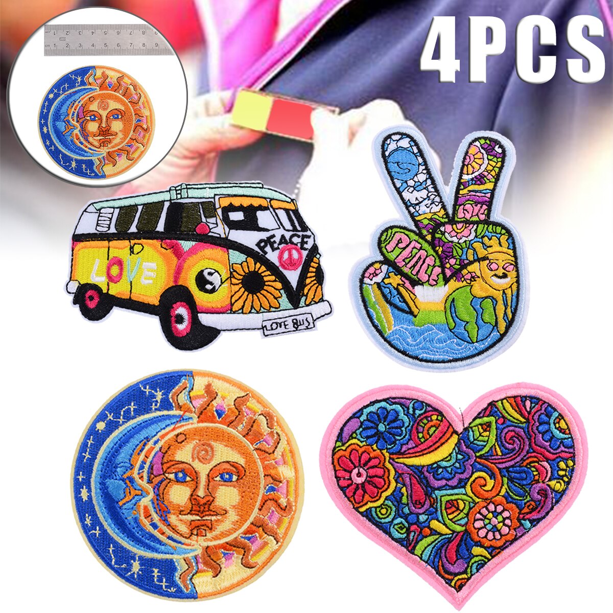 4 sztuk hipis miłość autobus kwiaty pokoju naklejki ubrania aplikacje łatki na łatka DIY Sztuka haftowane żelazko szyć na aplikacja