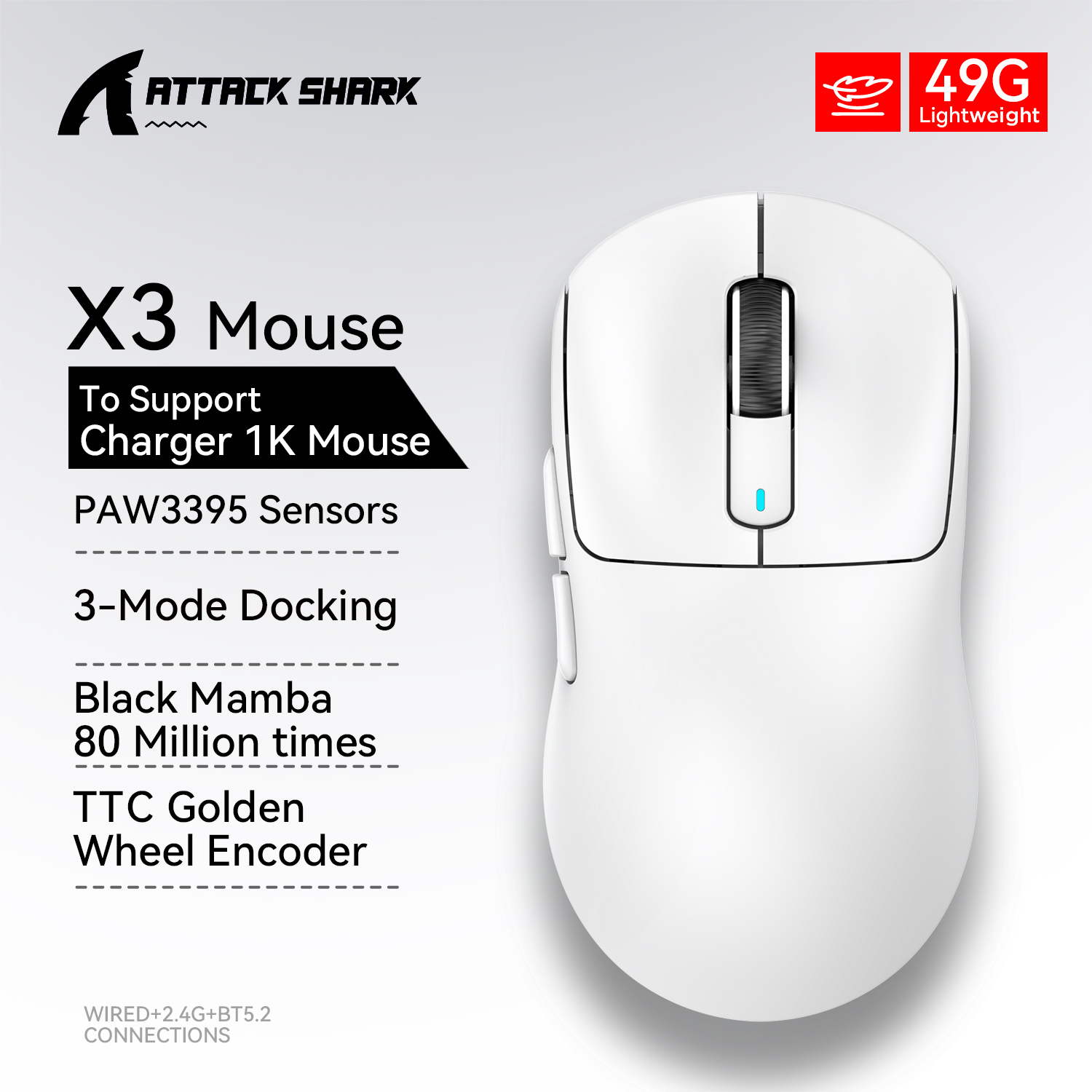 X3 PixArt PAW3395 mysz Bluetooth 2.4G połączenie Tri-Mode, 26000dpi, 650IPS, 49g lekka makro mysz do gier: green