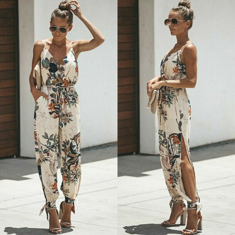 Dames jumpsuits zomer casual effen mouwloos v-hals slank plus size linnen veter lange jumpsuit