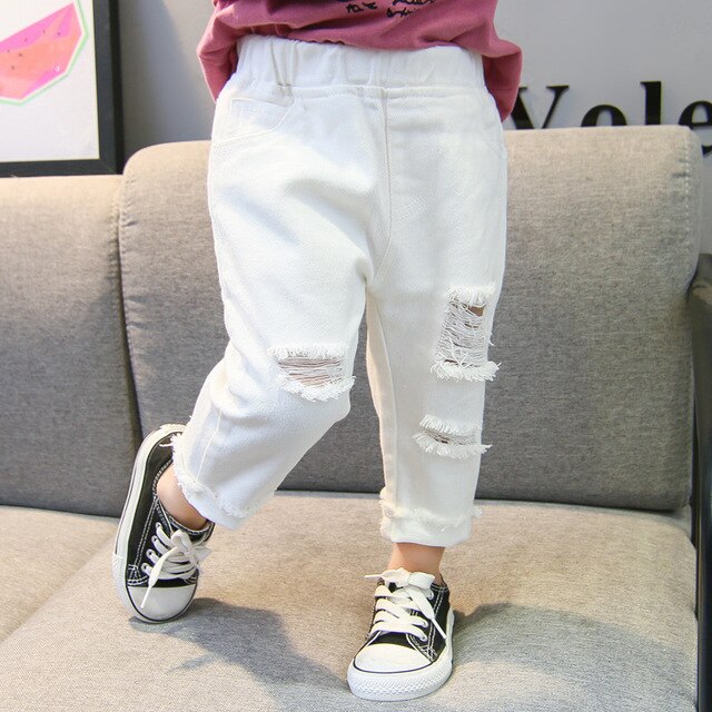 2022 Spring Autumn Baby Girls Ripped Jeans Children Kids Broken Hole Pants White Color Girls Elastic Waist Denim Pants