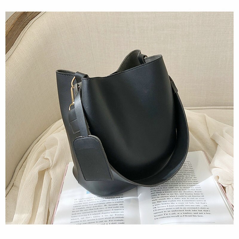 Sac à bandoulière en couleur unie pour femmes, sac en seau de grande capacité, sac à épaule coréen, nouvelle tendance,: Black