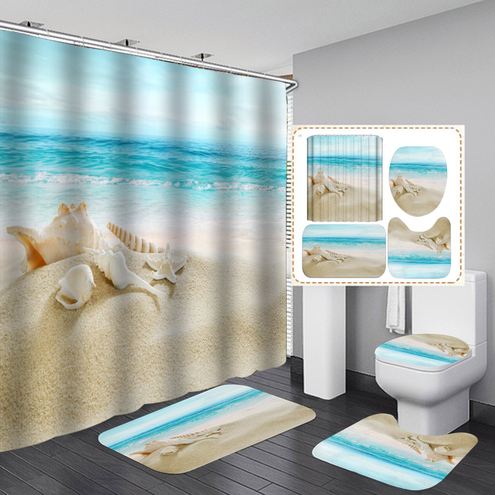 Coastal Strand Landschap Gedrukt Patroon Douchegordijn Voetstuk Tapijt Deksel Wc Cover Mat Badmat Set Badkamer Gordijnen Met Haken: O 4PCS