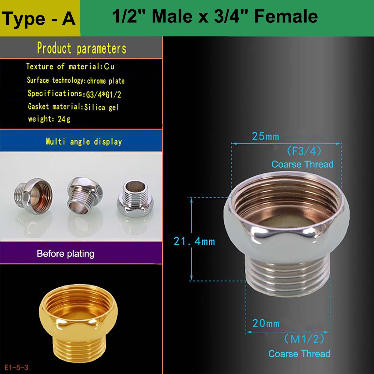 1/2" 3/4" Male Female Thread Nickel Plated Brass Faucet Tap Adapters Kitchen Bathroom Brass Water Tape Joint: Type - A