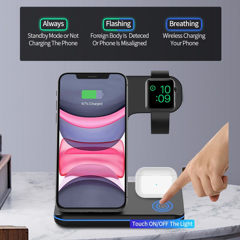 FDGAO 15W Qi Fast Wireless Charger Stand For iPhone 11 Pro XS XR 8 X 3 in 1 Charging Dock for Apple Watch 5 4 3 2 1 Airpods Pro