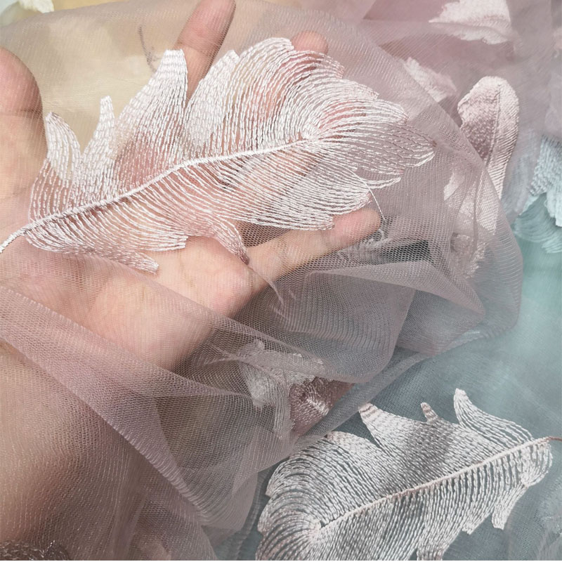 Tylli pehmeä kirjailtu iso höyhen pitsi verkkokangas vaatetus mekko kirjonta vaatekangas harsokangas