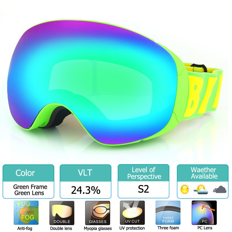 Novo óculos de esqui magnético com lente de mudança rápida uv400 proteção anti-nevoeiro snowboard óculos para homem e mulher óculos de esqui: Green with Green