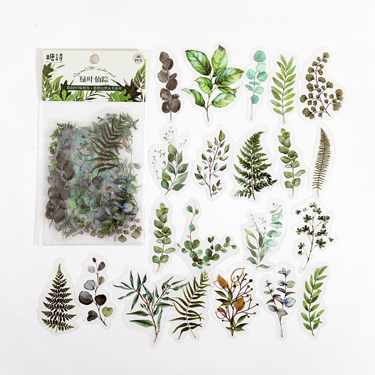 Colección de plantas naturales, pegatinas decorativas de PVC de hojas verdes, etiqueta para álbum de recortes, diario, papelería, álbum, taza para teléfono, planificador diario: Amarillo claro