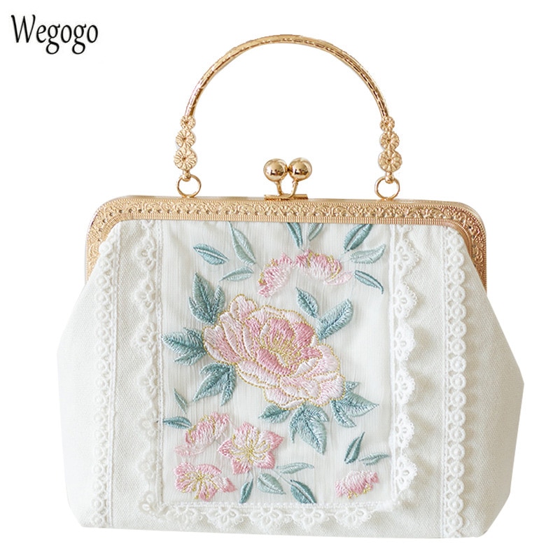 Vrouwen Bloemen Borduren Clutch Tassen Keten Schoudertas Dame Handgemaakte Kant Cover Kisslock Messenger Crossbody Bag