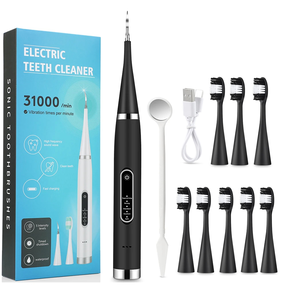 Détartreur dentaire sonique électrique, brosse à dents étanche, 8 pièces, têtes de brosse de remplacement, blanchiment des dents, Plaque dentaire, dissolvant de tartre, nettoyeur de dents: Beige
