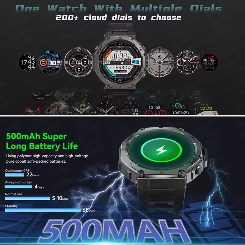 T-Rex 3 Wbudowany Dwuzakresowy GPS Wojskowy Smartwatch Męnarty Kompas Altimetr Barometryczny 10ATM i IP69K Wodoodporny 170+ Sportowy Smartwatch