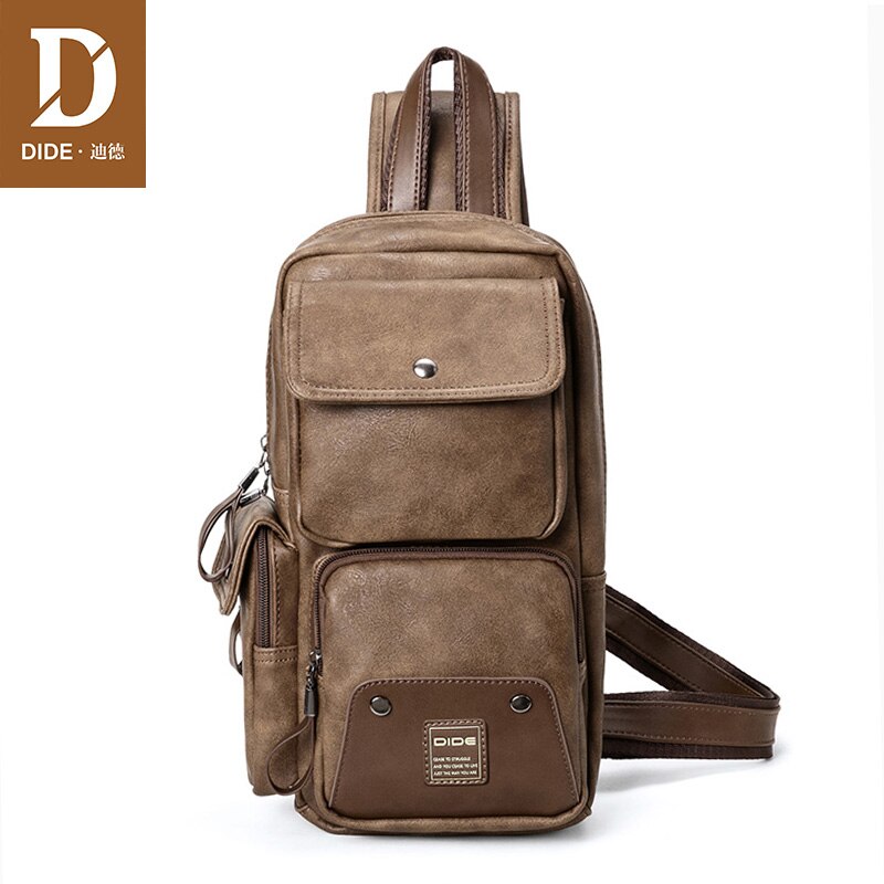 DIDE Brand Messenger Crossbody Bag Men Black Chest Bag Waterproof PU Leather Shoulder back pack for Teenager Male: Khaki