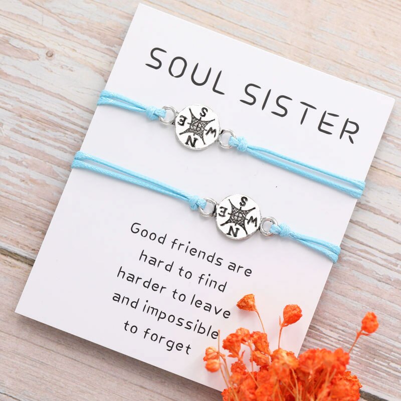 2Pcs/Set Soul Sister Compass Bracelet Friendship Long Distance Compass Charm Couple Bracelet Compass Jewelry Best Friend: Sky Blue