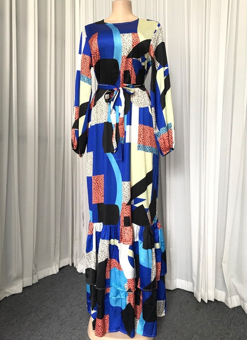 proprietà 2020 elegent donne africane o-collo manica lunga stampa più dimensione abito lungo