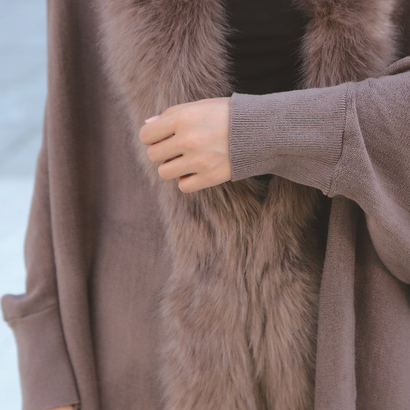 Forår damer faux fur krave cape sjal cardigan grå kvinder kvaststrik cardigan sweater poncho vinter varm frakke