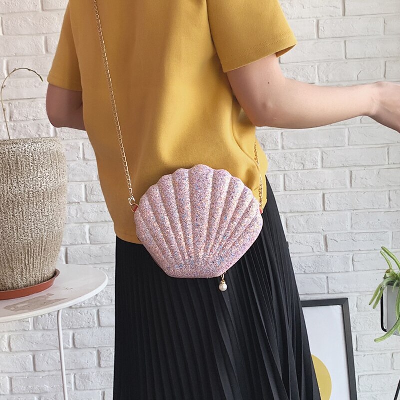 Women Girls Little Mermaid Seashell Purse Cross-Body Shoulder Bags Glitter Sequins Chain Evening Purse