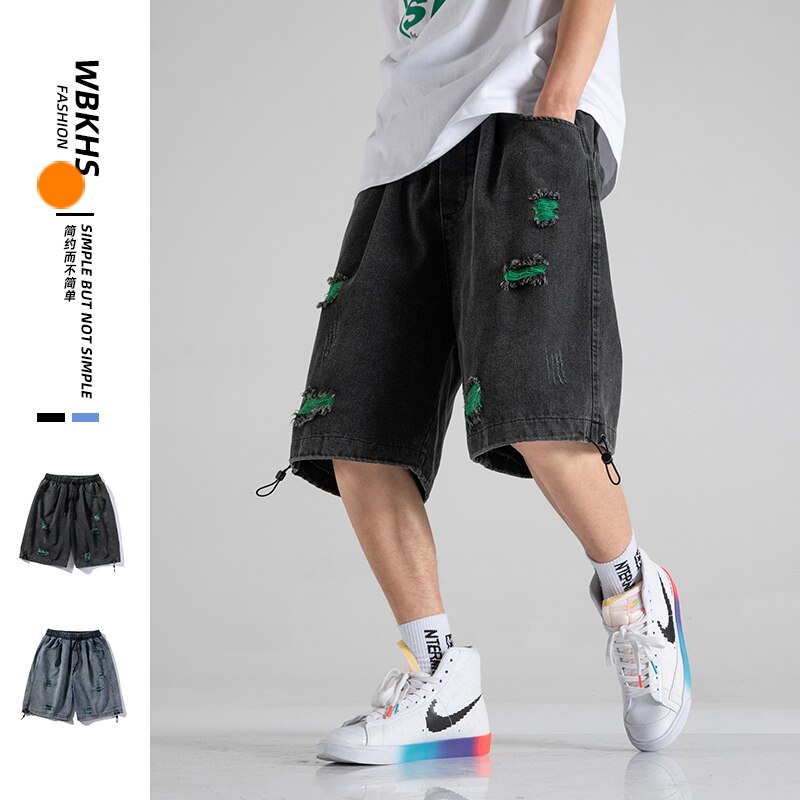Summer Men Ripped Denim Shorts Casual Loose Shorts