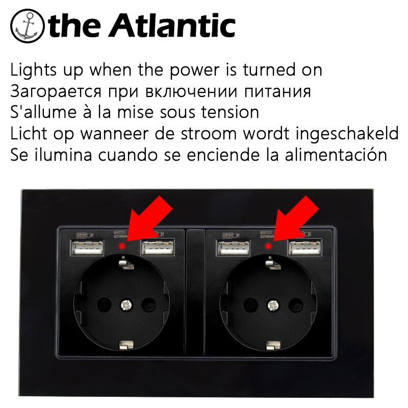 Atlectric podwójny DE gniazdo wtykowe ue z ładowanie telefonu komórkowego przez USB Port ścienne gniazdo zasilające hiszpania rosyjski czarne szkło rama 146*86mm gniazdko elektryczne,gniazdo
