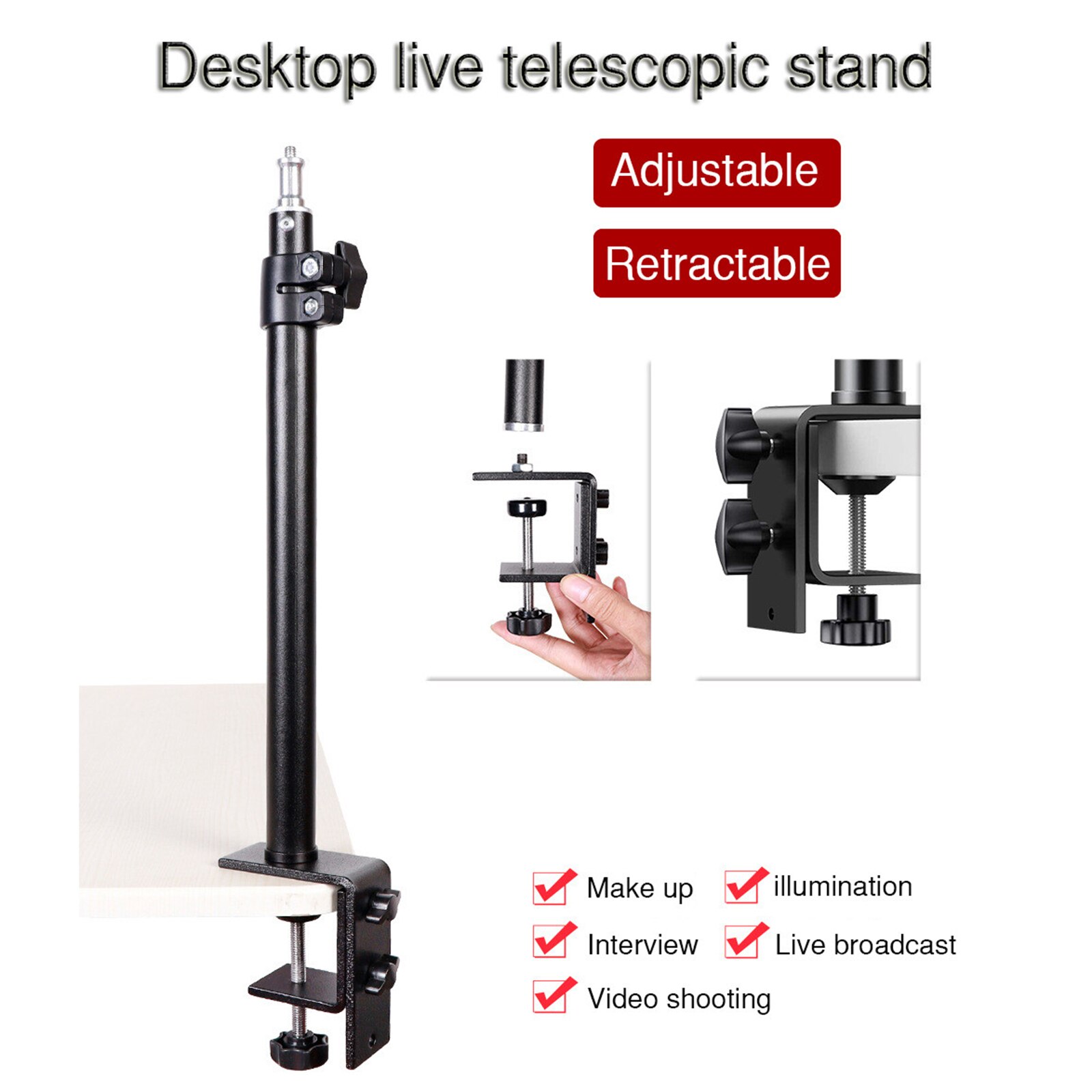 46-74cm Adjustable Tabletop C Clamp Desk Camera Mount Stand with 1/4 Screw for DSLR Camera Ring Light Camcorder Black