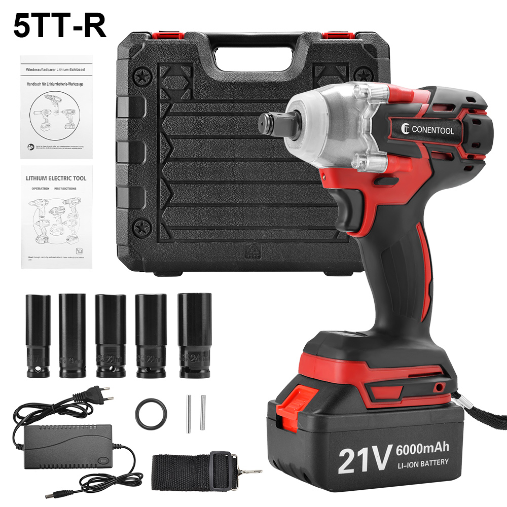 CONENTOOL Brushless Cordless Wrench 21V Power Tool 6000mAh Battery For Makita Rechargeable Battery Impact Wrench LED Light: 5TT-Red