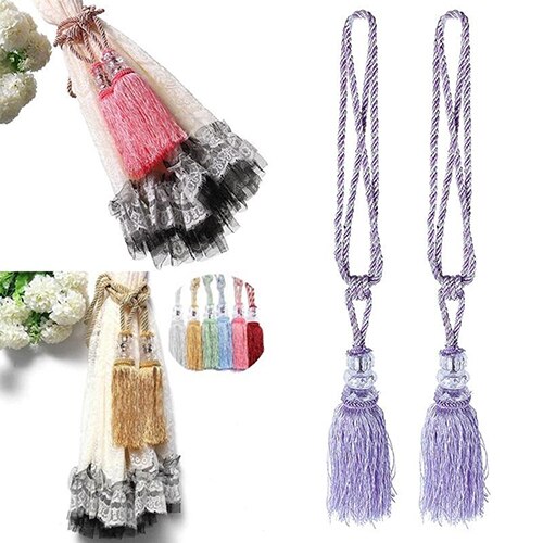 Cortina de ventana con borlas y cuentas para decoración del hogar, cortina de ventana con franja de pajarita, gran imitación, bola de cristal embellecida con cuentas de color blanco, 1 par