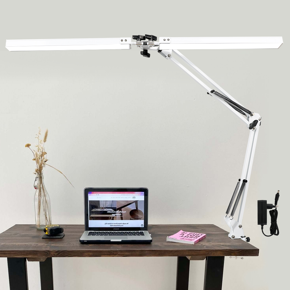 Lâmpada de mesa LED 2 em 1 24W mais brilhante com lâmpada de mesa com braçadeira braço oscilante flexível 3 modos de cor Stepless regulável cabeça dupla: Branco