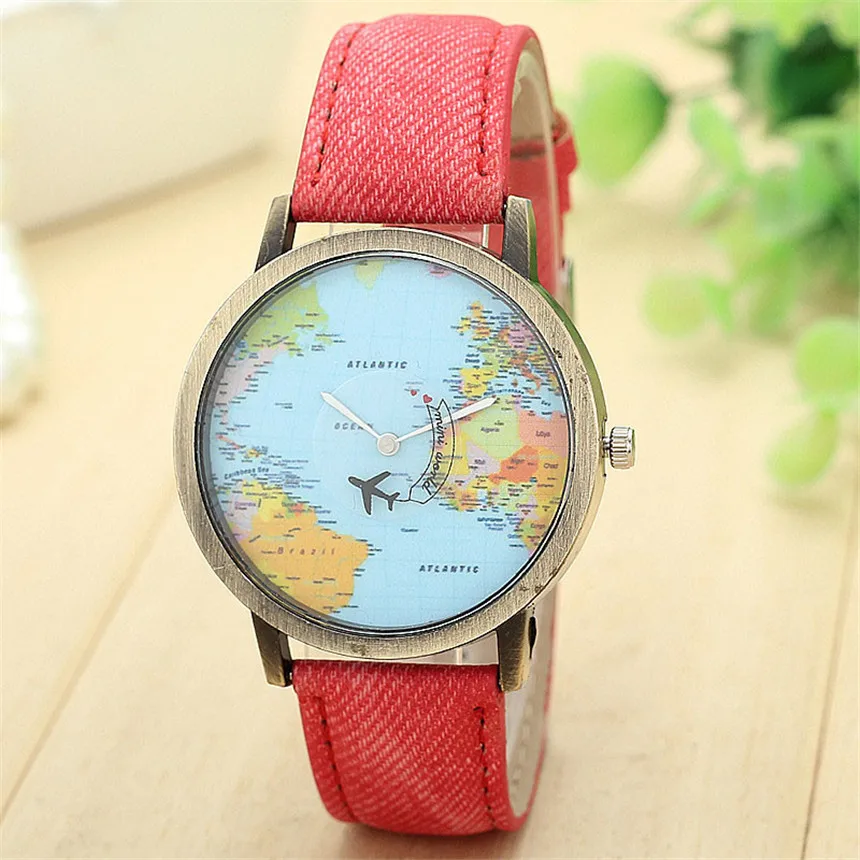 Cool Mini Wereld Mode Quartz Horloge Mannen Unisex Kaart Vliegtuig Reizen Rond De Wereld Vrouwen Lederen Jurk Horloges: Rood